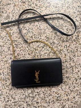 Saint Laurent Black Leather Wallet-On-Chain with Gold Hardware